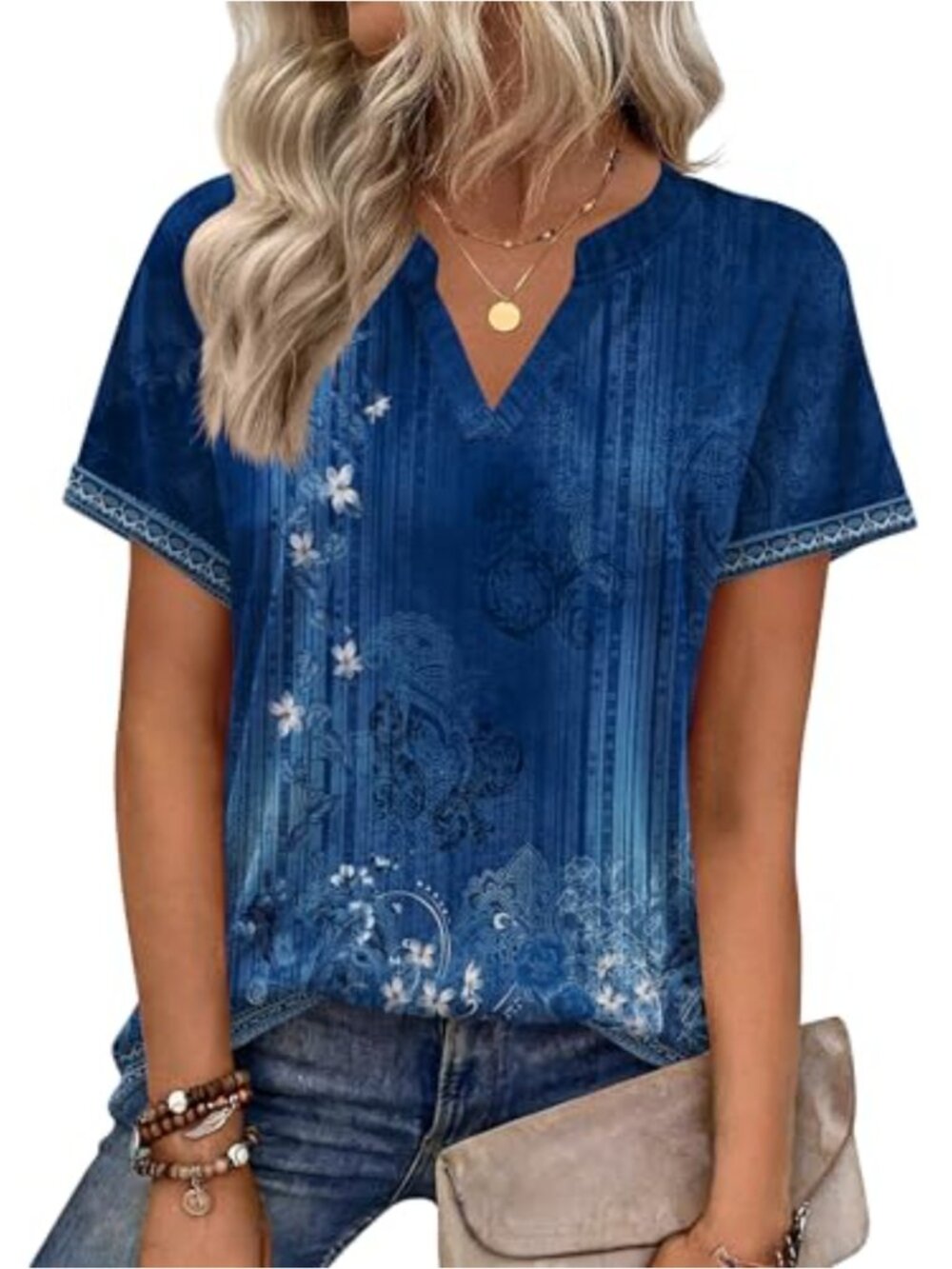 Short Sleeve V-Neck Blouse Work Top 95% Polyester 5% Spandex Women's Boho